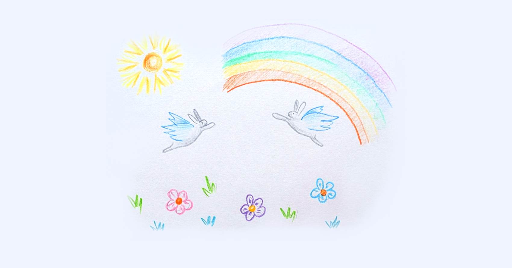 Hand drawn picture of sun and rainbow, flying, angel-like bunnies, and flowers. It's so idyllic.