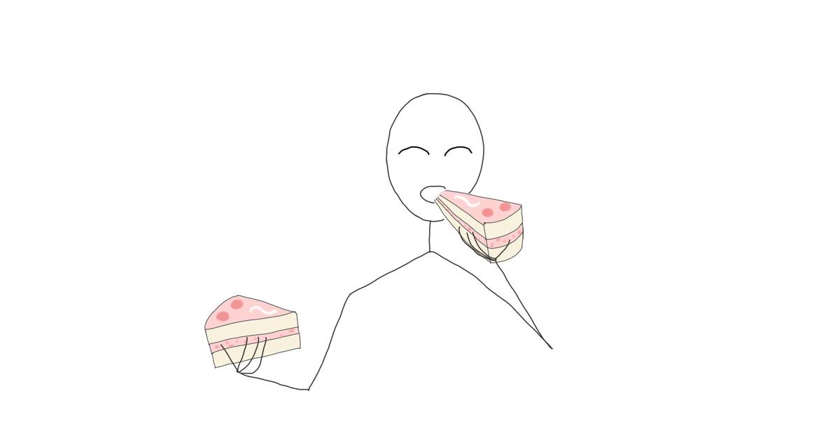 Hand drawn picture of a stick figure putting a slice of what looks like a strawberry cake in their mouth, while simultaneously holding another slice of said cake