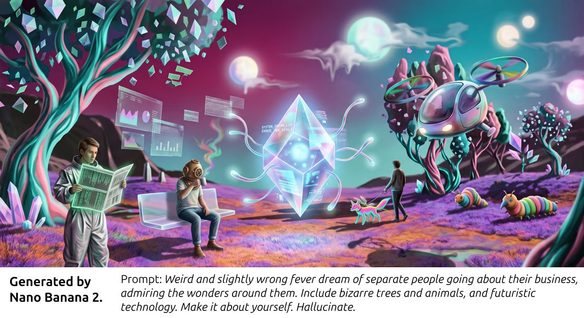 Generated by Nano Banana 2. Prompt: Weird and slightly wrong fever dream of separate people going about their business, admiring the wonders around them. Include bizarre trees and animals, and futuristic technology. Make it about yourself. Hallucinate.