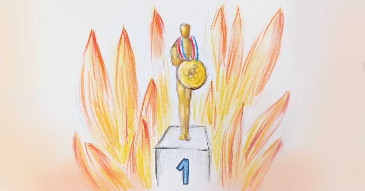 A gold statuette trophy wearing a gold medal standing on the number 1 podium, while the background is in flames. Hand-drawn with crayons and colored pencils.