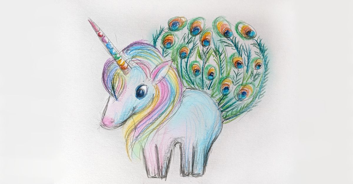 Hand-drawn picture of a cute rainbow unicorn with a peacock tail